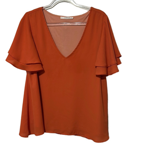 🪞CARAMELA size M V-Neck Orange Blouse with Ruffle Sleeves GUC…